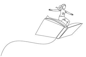 Single continuous line drawing woman standing on large flying open book. Like riding a cloud, able to fly as high as possible. Reading increases insight. Love read. One line design illustration vector