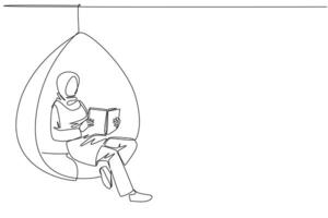 Single continuous line drawing Arab woman sitting relax in hanging chair reading a book. Spending the weekend reading the favorite fiction story book. Love reading. One line design illustration vector