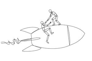 Single one line drawing robot helps colleague climb the flying rocket. Metaphor help in managing company branches. Skyrocketed like the previous business. Continuous line design graphic illustration vector