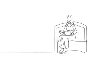 Continuous one line drawing Arabian woman sitting reading on chair in university park. Prepare for the final exams with serious reading. Book festival concept. Single line design illustration vector