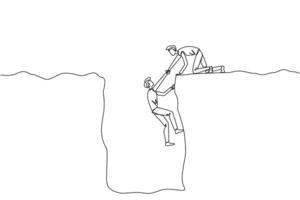 Single one line drawing businessman helps colleague climb a wide hole. Teamwork helps colleagues who have fallen. Inviting success together. Cohesive. Continuous line design graphic illustration vector