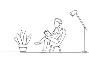 Single one line drawing smart man sitting reading in a room with a reading lamp. Spending the holidays increasing knowledge by reading books. Love reading. Continuous line design graphic illustration vector