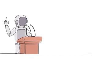 Single continuous line drawing young energetic astronaut speaking at the podium while lifting index finger up. Made a favorable statement for the company. Orator. One line design illustration vector