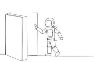 Single one line drawing astronaut open the book-shaped door. Book can open mind and see everywhere. Increase knowledge about the wider world. Book festival. Continuous line design graphic illustration vector