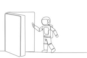 Single one line drawing astronaut open the book-shaped door. Book can open mind and see everywhere. Increase knowledge about the wider world. Book festival. Continuous line design graphic illustration vector