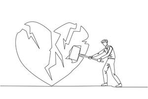 Single one line drawing businessman preparing to hit the big heart. Rampage. Broken heart. Loss of concentration. Emotional feeling. No direction. Angry. Continuous line design graphic illustration vector