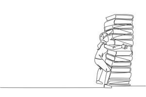 Continuous one line drawing woman hugging very high pile of books. Hobby to collecting and reading books. Filling free time with useful things. Loving read. Single line draw design illustration vector