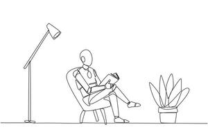 Single continuous line drawing smart robot sitting reading in room with the reading lamp. Spending holidays increasing knowledge by reading the books. Love reading. One line design illustration vector