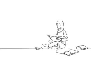 Continuous one line drawing Arabian woman sitting relax in library reading lot of books. Looking for answers to assignments. Hobby reading. Book festival concept. Single line draw illustration vector