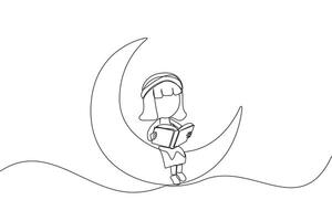 Continuous one line drawing girl sitting on crescent moon reading a book. Metaphor of reading a fairy story before sleeping. Read until late. Love reading. Single line draw design illustration vector