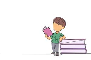 Continuous one line drawing boy standing reading a book while leaning against a pile of large books. Hobby of reading anywhere. Very happy when reading. Single line draw design illustration vector