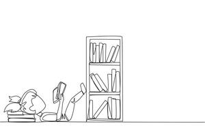 Single one line drawing girl lying on back reading fiction story book near bookcase. Read slowly to enjoy the storyline. Hobby reading. Very good habit. Continuous line design graphic illustration vector