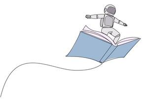 Continuous one line drawing astronaut standing on large flying open book. Like riding a cloud, able to fly as high as possible. Reading increase insight. Single line draw design illustration vector