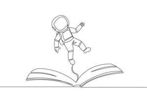 Continuous one line drawing astronaut hovering over an open book. Imagination to be astronaut floating in outer space. Enjoy the storyline. Book festival. Single line draw design illustration vector