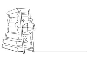 soltero uno línea dibujo inteligente robot sube un grande apilar de libros con un escalera. mundo ventana libro metáfora. leyendo aumenta conocimiento. futuro tecnología. continuo línea diseño gráfico ilustración vector