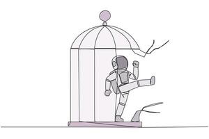 Single one line drawing astronaut trapped in the cage kick the caged until wrecked. Freedom of expression for the smooth running of business. Distractions. Continuous line design graphic illustration vector