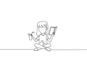 Single continuous line drawing girl sitting cross-legged reading book. Accompanied by glass of orange juice to make reading more interesting. Knowledge. Freshness. One line design illustration vector