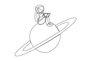 Single one line drawing astronaut sitting on the planet Saturn. Read about the natural conditions of outer space planets. Adaptation. Book festival concept. Continuous line design graphic illustration vector