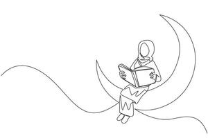 Single continuous line drawing Arab woman sitting on crescent moon reading a book. Metaphor of reading a fairy story before sleeping. Read until late. Love reading. One line design illustration vector