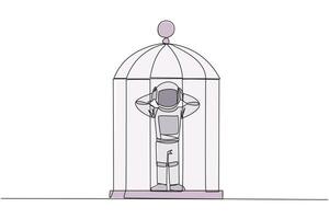 Single continuous line drawing tired astronaut trapped in the cage standing frustrated holding head. Anxiety caused cannot move freely. Confined. Imprisoned. One line design illustration vector