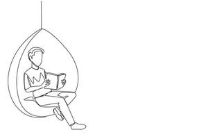 Single continuous line drawing man sitting relaxed in a hanging chair reading a book. Spending the weekend reading the favorite fiction story book. Love reading. One line design illustration vector