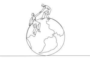 Single continuous line drawing Arabian businesswoman helps colleague climb big globe. Metaphor of reaching top of the world through increasing business. Teamwork. One line design illustration vector