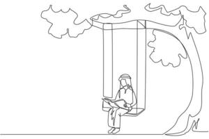 Continuous one line drawing Arab man sitting on swing under shady tree reading book. High enthusiasm for reading. Read anywhere. Reading increases insight. Single line draw design illustration vector