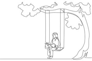 Continuous one line drawing Arab man sitting on swing under shady tree reading book. High enthusiasm for reading. Read anywhere. Reading increases insight. Single line draw design illustration vector