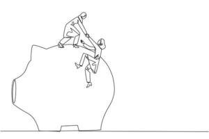 Single continuous line drawing Arab businesswoman helps colleague climb piggy bank. Remind each other in kindness. Investment for the future. Super great teamwork. One line design illustration vector