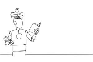 Continuous one line drawing robot reading book practicing balance. Stack books on top of head along with the apple. Balancing reading rhythm, train focus. Single line draw design illustration vector