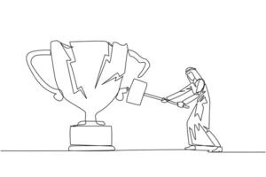 Single continuous line drawing Arabian businessman preparing to hit big trophy. Rampage. Expressing mounting anger. Smashing the trophy with a sledgehammer. Failed. One line design illustration vector