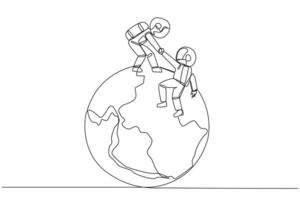 Continuous one line drawing young astronaut helps colleague climb big globe. Metaphor of reaching top of the world through increasing business. Teamwork. Single line draw design illustration vector