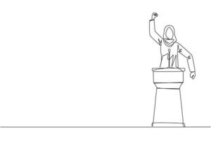 Single continuous line drawing Arabian businesswoman speak at the podium by clenching fists at head height. Doing oration. Leadership concept. Burning the spirit. One line design illustration vector