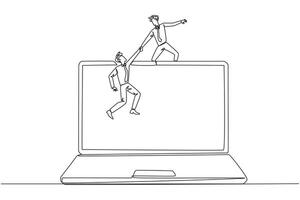 Single one line drawing businessman helping colleague to climb a big laptop computer. Help create applications to develop business online. Great teamwork. Continuous line design graphic illustration vector