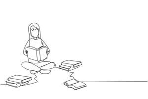 Single continuous line drawing woman who really likes reading. Everyday one book is read. Good habit. There is no day without reading book. Book festival concept. One line design illustration vector