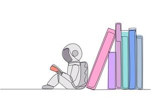 Single continuous line drawing astronaut reading sitting leaning against pile of books. Habit of reading book every day. Library. Good habit. Book festival concept. One line design illustration vector