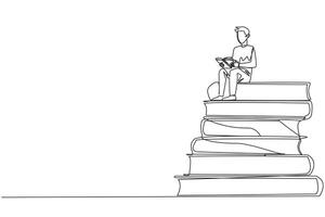 Single one line drawing happy man sitting on a pile of books reading a book. High interest in reading. Opening horizons of thinking. Book festival concept. Continuous line design graphic illustration vector