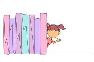 Single continuous line drawing a girl appears from behind a row of books. Invitation to read books at the library. Like to reading a book. Book festival concept. One line design illustration vector