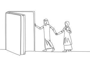 Single one line drawing Arab man woman open the book-shaped door. Books can open mind and see everywhere. Increase knowledge about the wider world. Book festival. Continuous line graphic illustration vector