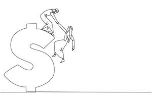 Continuous one line drawing Arab businessman helps colleague climb dollar symbol. Desire to develop business together. Super great teamwork. Cohesiveness. Single line draw design illustration vector