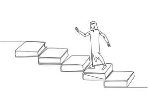 Single continuous line drawing Arab man climb stairs from books. Reading increases knowledge which can increase the dignity of a better life. Book festival concept. One line design illustration vector