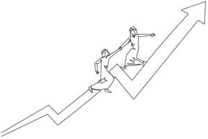 Single continuous line drawing Arabian businessman helps colleague to climb the rising arrow symbol. Help each other to achieve satisfactory targets. Grow together. One line design illustration vector