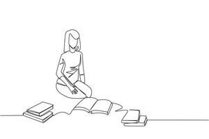 soltero uno línea dibujo mujer leyendo el libros felizmente. bueno leyendo interés. De Verdad disfrutar leyendo historia libros. leyendo en todos lados. libro festival concepto. continuo línea diseño gráfico ilustración vector