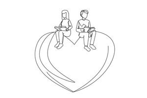 Single one line drawing man woman sitting on big heart. Reading the romantic fiction books. Enjoy the storyline. Hobby reading story books. Book festival concept. Continuous line graphic illustration vector