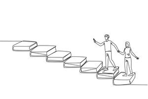 Continuous one line drawing man woman climb stairs from books. Reading increases knowledge which can increase the dignity of better life. Book festival concept. Single line design illustration vector