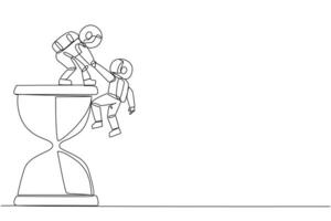 Continuous one line drawing young astronaut helps colleague climb big hourglass. Have many assignment deadlines. Sharing with colleague will become easier. Single line draw design illustration vector