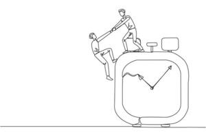 Single one line drawing businessman helps colleague climb the big alarm clock. Helping coworkers. Deadline is coming. Work together for better end result. Continuous line design graphic illustration vector