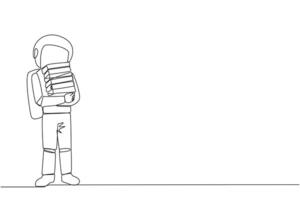 Single one line drawing astronaut standing hug some books. Favorite book that finish reading. Some books will be donated to national library. Charity. Knowledge. Continuous line graphic illustration vector