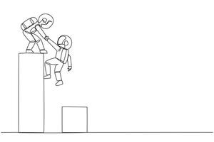 Single continuous line drawing young astronaut helps colleague climb big bar graph. Helps to climb to higher ground. Move forward and success together. Teamwork. One line design illustration vector