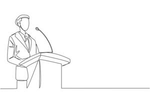 Single continuous line drawing young happy businessman speaking at the podium. Announced greatly improved business balance sheet. A fun speech for all parties. One line design illustration vector